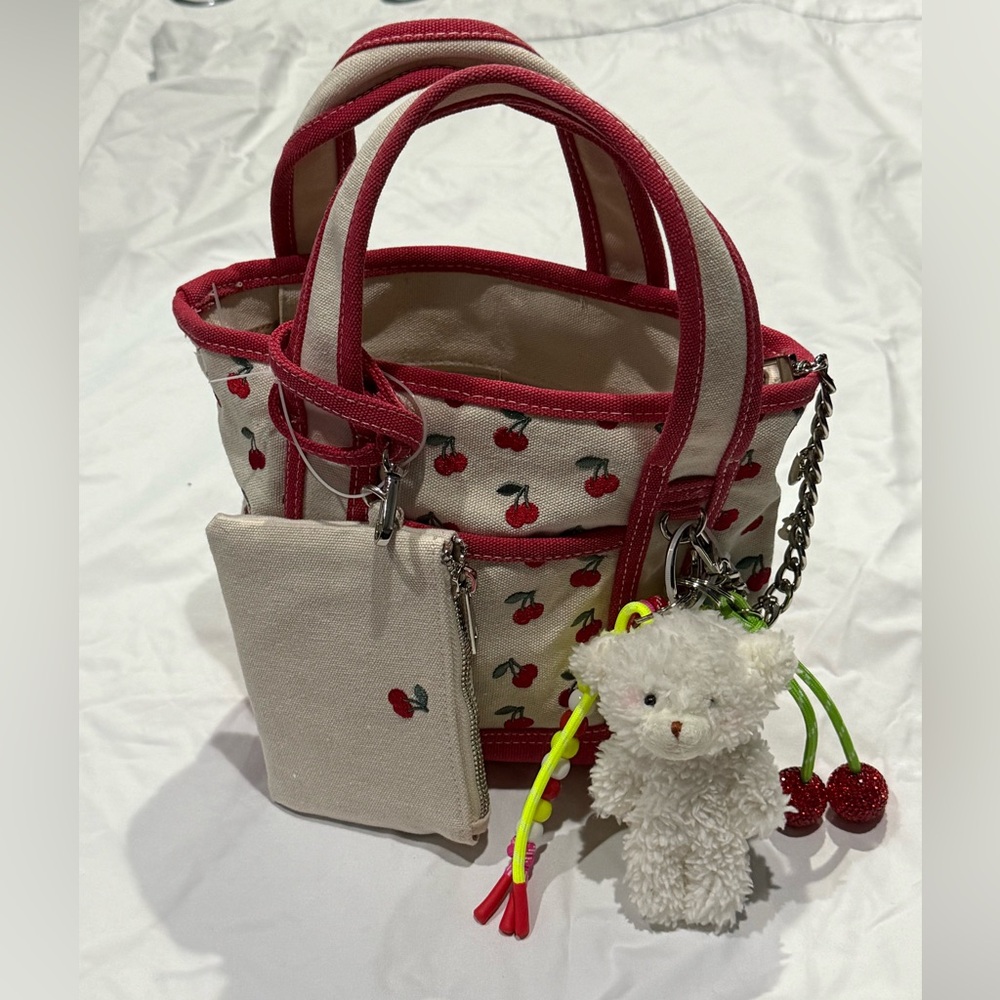 Madden girl Cherry Print Tote Bag with Bear Charm